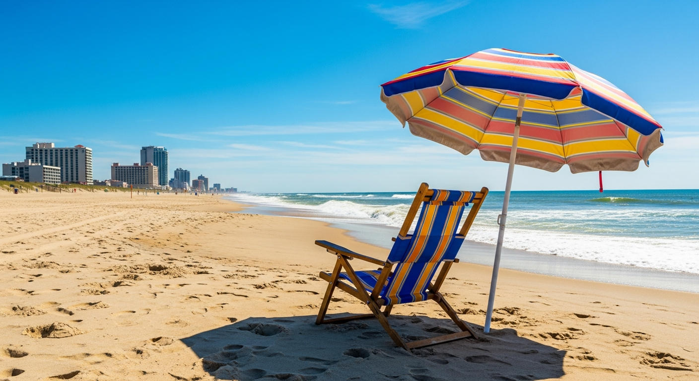 Peaceful beach with empty chair and umbrella